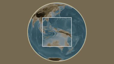 Pulau Aiduma Adası. Arafura Denizi - Endonezya 'da merkezli iki basamaklı çerçeve çıkarma kullanılarak sepya renkli bir yükseklik haritasında konumun sunumu