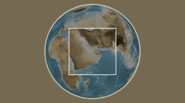 Al Futaysi Adası. Basra Körfezi - Birleşik Arap Emirlikleri - Basra Körfezi merkezli iki adım kare çıkarma kullanılarak sepia renginde bir yükseklik haritasında konumun sunumu