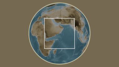 Al-Hallaniyah Adası. Bulunduğu yerin Arap Denizi 'nde merkezli iki adımlık çerçeve çıkarımı kullanılarak sepya renkli bir yükseklik haritasında sunulması- Umman