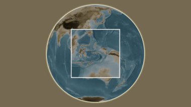 Pulau Ambon Adası. Banda Denizi - Endonezya 'da merkezli iki basamaklı çerçeve çıkarma kullanılarak sepya renkli bir yükseklik haritasında konumun sunumu