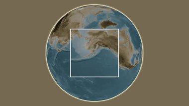 Amook Adası. Amerika Birleşik Devletleri, Alaska Körfezi 'ndeki merkezli iki adımlı kare çıkartma kullanılarak sepya renginde bir yükseklik haritasında yer almaktadır.