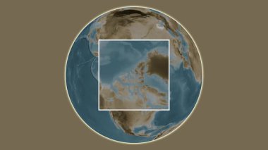 Amund Ringnes Adası. Yerin kuzeybatı geçitlerindeki merkezli iki adımlı kare çıkarımı kullanılarak sepya renkli bir yükseklik haritasında sunulması- Kanada