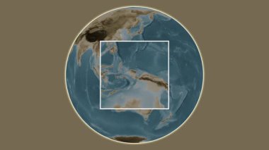 Pulau Amutu Besar Adası. Konumun Ceram Denizi - Endonezya 'da merkezli iki basamaklı çerçeve çıkarma kullanılarak sepya renkli bir yükseklik haritasında sunulması