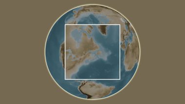 Anticosti Adası. Yeri, St. Lawrence Körfezi 'ndeki merkezli iki basamaklı kare çıkarma kullanılarak sepya renkli bir yükseklik haritasında sunuluyor - Kanada