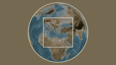 Antiparos Adası. Konumun Ege Denizi 'nde merkezli iki adımlık çerçeve çıkarma kullanılarak sepya renkli bir yükseklik haritasında sunulması- Yunanistan