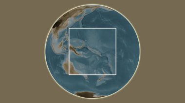 Arundel Adası. Süleyman Denizi 'ndeki Solomon Adaları' ndaki merkezli iki basamaklı kare çıkartma kullanılarak sepya renkli bir yükseklik haritasında sunuluyor.