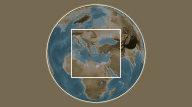 Astypalea Adası. Konumun Ege Denizi 'nde merkezli iki adımlık çerçeve çıkarma kullanılarak sepya renkli bir yükseklik haritasında sunulması- Yunanistan