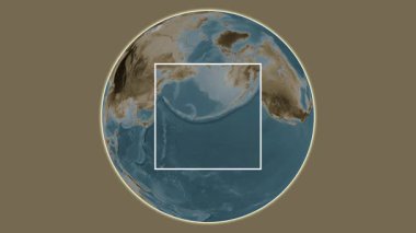 Atka Adası. Yerin, Bering Denizi 'nde merkezli iki adımlık çerçeve ekstraksiyonu kullanılarak sepya renkli bir yükseklik haritasında sunumu - ABD