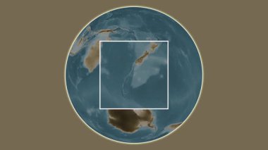 Auckland Adası. Tazman Denizi - Yeni Zelanda 'da merkezli iki adımlık çerçeve çıkarımı kullanılarak sepya renkli bir yükseklik haritasında konumun sunumu