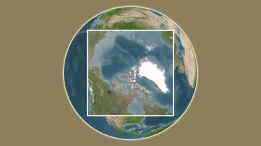 Axel Heiberg Adası. Konumunun kuzeybatı geçitlerinde merkezli iki adımlı çerçeve ekstraksiyonu kullanılarak bir uydu haritasında sunumu - Kanada