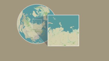 Bolşoy Begichev Adası. Yerin bir OpenStreet haritasında Laptev Denizi 'ndeki slayt benzeri iki adımlı çerçeve ekstraksiyonu kullanılarak sunumu - Rusya