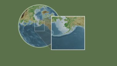 Büyük Koniuji Adası. Amerika Birleşik Devletleri 'nde Alaska Körfezi' ndeki kaydırak gibi iki basamaklı kare çıkartması kullanılarak rengarenk bir yükseklik haritasında konumun sunumu