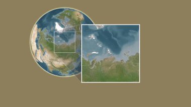 Bolşevik Adası. Kara Denizi - Rusya 'da iki adımlık bir çerçeve çıkarımı kullanılarak bir uydu haritasında konumun sunumu