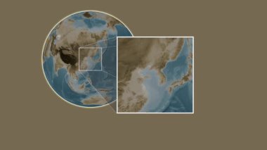 Baengnyeongdo Adası. Sarı Deniz - Güney Kore 'de iki adımlık kaydırma çerçeve çıkarımı kullanılarak sepya renginde bir yükseklik haritasında konumun sunumu