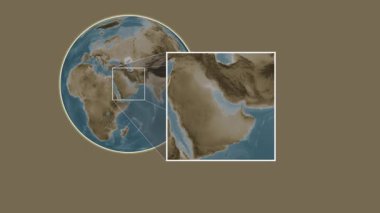 Bahreyn Adası. Basra Körfezi - Bahreyn bölgesindeki kaydırak gibi iki adımlık çerçeve çıkarımı kullanılarak sepya renkli bir yükseklik haritasında konumun sunumu