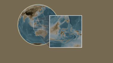 Pulau Bakalan Adası. Molukka Denizi - Endonezya - Molukka Denizi 'ndeki kaydırak benzeri iki adımlı çerçeve ekstraksiyonu kullanılarak sepya renkli bir yükseklik haritasında konumun sunumu