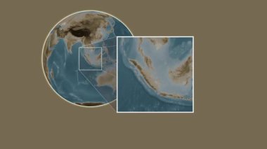 Pulau Bakung Adası. Güney Çin Denizi - Endonezya - Endonezya 'da iki adımlık bir kaydırak çerçeve ekstraksiyonu kullanılarak sepia renkli bir yükseklik haritasında konumun sunumu