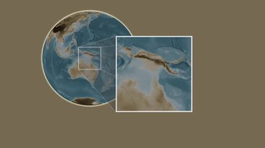 Banks Adası. Yerin mercan denizinde iki adımlık kaydırma iskeleti kullanarak sepya renkli bir yükseklik haritasında sunulması- Avustralya