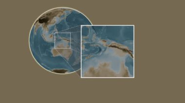 Pulau Barakan Adası. Arafura Denizi - Endonezya - Endonezya 'da iki adımlık kaydırak çerçeve ekstraksiyonu kullanılarak sepia renkli bir yükseklik haritasında konumun sunumu