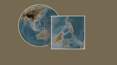 Basilan Adası. Sulu Denizi - Filipinler - Filipinler - Sulu Denizi 'nde iki adımlık bir kaydırak çerçeve ekstraksiyonu kullanılarak sepia renkli bir yükseklik haritasında konumun sunumu