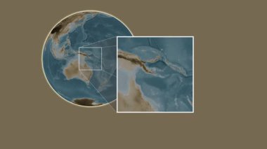 Basilaki Adası. Süleyman Denizi 'ndeki iki basamaklı kaydırma iskeleti kullanarak sepya renginde bir yükseklik haritasında konumun sunumu - Papua Yeni Gine