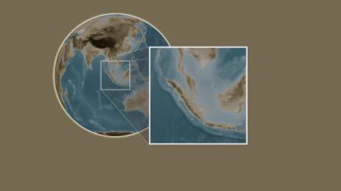 Pulau Batam Adası. Singapur Boğazı - Endonezya - Singapur Boğazı 'nda iki adımlık kaydırma çerçeve ekstraksiyonu kullanılarak sepya renginde bir yükseklik haritasında konumun sunumu