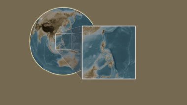 Batan, Albay Adası. Filipin Denizi - Filipinler - Filipinler - Filipinler 'de iki adımlık bir kaydırak çerçeve ekstraksiyonu kullanılarak sepia renginde bir yükseklik haritası üzerinde konum sunumu