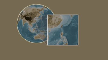 Batan Adası. Güney Çin Denizi - Filipinler - Filipinler 'de iki adımlık kaydırak çerçeve çıkarımı kullanılarak sepia renginde bir yükseklik haritasında konumun sunumu