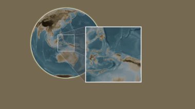 Pulau Batanta Adası. Yerin, Halmahera Denizi - Endonezya - Endonezya 'da iki adımlık kaydırak çerçeve ekstraksiyonu kullanılarak sepya renkli bir yükseklik haritasında sunulması