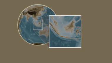 Pulau Bawal Adası. Güney Çin Denizi - Endonezya - Endonezya 'da iki adımlık bir kaydırak çerçeve ekstraksiyonu kullanılarak sepia renkli bir yükseklik haritasında konumun sunumu