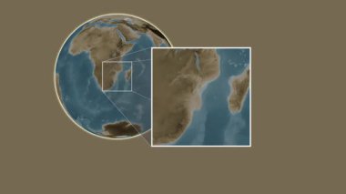 Ilha do Bazaruto Adası. Mozambik Kanalı - Mozambik Kanalı - Mozambik Kanalı 'ndaki kaydırma benzeri iki adımlı çerçeve ekstraksiyonu kullanılarak sepya renginde bir yükseklik haritasında konumun sunumu