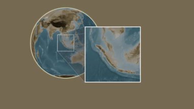 Pulau Belat Adası. Güney Çin Denizi - Endonezya - Endonezya 'da iki adımlık bir kaydırak çerçeve ekstraksiyonu kullanılarak sepia renkli bir yükseklik haritasında konumun sunumu
