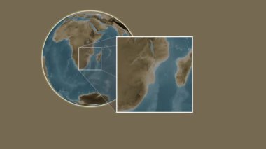 Ilha Benguerua Adası. Mozambik Kanalı - Mozambik Kanalı - Mozambik Kanalı 'ndaki kaydırma benzeri iki adımlı çerçeve ekstraksiyonu kullanılarak sepya renginde bir yükseklik haritasında konumun sunumu