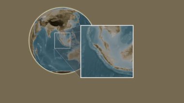 Pulau Bengkalis Adası. Malacca Boğazı - Endonezya - Endonezya 'da iki adımlık kaydırak çerçeve ekstraksiyonu kullanılarak sepya renkli bir yükseklik haritasında konumun sunumu