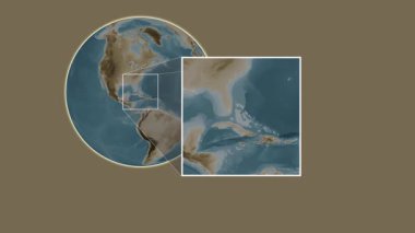 Big Wood Cay Adası. Kuzey Atlantik Okyanusu 'ndaki kaydırak benzeri iki adımlı kare çıkartması kullanılarak sepya renginde bir yükseklik haritasında sunuluyor - Bahamalar