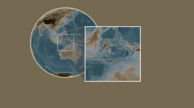 Pulau Binongko Adası. Banda Denizi - Endonezya - Endonezya - Banda Denizi 'ndeki iki basamaklı kaydırak çerçeve ekstraksiyonu kullanılarak sepya renkli bir yükseklik haritasında konumun sunumu