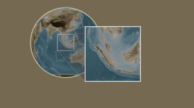 Pulau Bintan Adası. Singapur Boğazı - Endonezya - Singapur Boğazı 'nda iki adımlık kaydırma çerçeve ekstraksiyonu kullanılarak sepya renginde bir yükseklik haritasında konumun sunumu