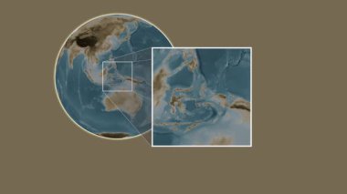 Pulau Bisa Adası. Yerin, Halmahera Denizi - Endonezya - Endonezya 'da iki adımlık kaydırak çerçeve ekstraksiyonu kullanılarak sepya renkli bir yükseklik haritasında sunulması