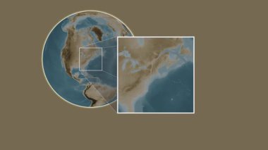 Blok Adası. Kuzey Atlantik Okyanusu - Amerika Birleşik Devletleri 'nde iki adımlık bir kaydırak çerçeve ekstraksiyonu kullanılarak sepia renkli bir yükseklik haritasında konumun sunumu