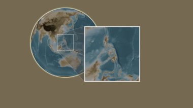 Bohol Adası. Filipin Denizi - Filipinler - Filipinler - Filipinler 'de iki adımlık bir kaydırak çerçeve ekstraksiyonu kullanılarak sepia renginde bir yükseklik haritası üzerinde konum sunumu