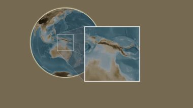 Ile Boigu Adası. Yerin mercan denizinde iki adımlık kaydırma iskeleti kullanarak sepya renkli bir yükseklik haritasında sunulması- Avustralya