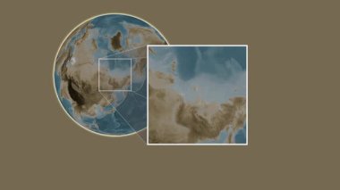 Bolshoy Lyakhovsky Adası. Doğu Sibirya Denizi 'nde, yani Rusya' da, iki adımlık bir kaydırak iskelet çıkartması kullanılarak, sepia renkli bir yükseklik haritasında konumun sunumu