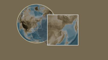 Bolshoy Shantar Adası. Yerin, Okhotsk Denizi 'nde iki adımlık kaydırma iskeleti kullanarak sepya renkli bir yükseklik haritasında sunumu - Rusya