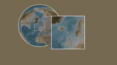 Boroy Adası. Kuzey Atlantik Okyanusu - Faroe Adaları - Kuzey Atlantik Okyanusu 'ndaki kaydırak benzeri iki basamaklı çerçeve çıkarımı kullanılarak sepya renkli bir yükseklik haritasında konumun sunumu
