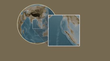 Pulau Breueh Adası. Konumun, Andaman veya Burma Denizi - Endonezya 'da iki adımlık kaydırak çerçeve ekstraksiyonu kullanılarak sepya renkli bir yükseklik haritasında sunulması