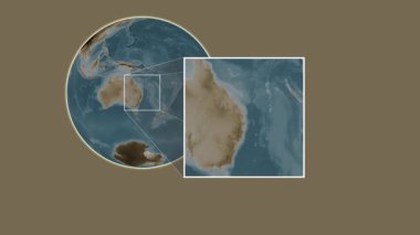 Bribie Adası. Yerin mercan denizinde iki adımlık kaydırma iskeleti kullanarak sepya renkli bir yükseklik haritasında sunulması- Avustralya