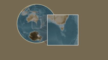 Bruny Adası. Tasman Denizi 'nde iki adımlık kaydırma iskeleti kullanarak sepya renginde bir yükseklik haritasında konumun sunumu - Avustralya