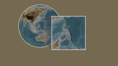 Buad Adası. Filipin Denizi - Filipinler - Filipinler - Filipinler 'de iki adımlık bir kaydırak çerçeve ekstraksiyonu kullanılarak sepia renginde bir yükseklik haritası üzerinde konum sunumu