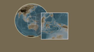 Pulau Buano Adası. Banda Denizi - Endonezya - Endonezya - Banda Denizi 'ndeki iki basamaklı kaydırak çerçeve ekstraksiyonu kullanılarak sepya renkli bir yükseklik haritasında konumun sunumu