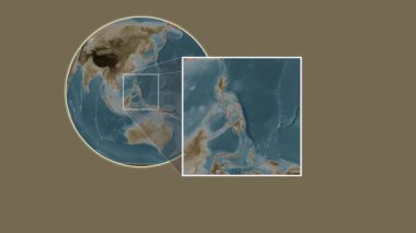 Bucas Grande Adası. Filipin Denizi - Filipinler - Filipinler - Filipinler 'de iki adımlık bir kaydırak çerçeve ekstraksiyonu kullanılarak sepia renginde bir yükseklik haritası üzerinde konum sunumu